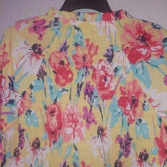 Intro. Heart Women 1X Plus Shirred Button Down Blouse EUC Yellow Coral Pink Blue - Picture 4 of 8